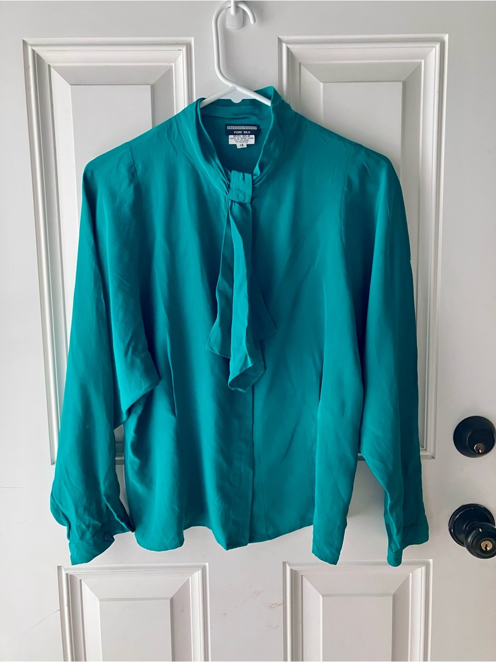 Vintage Pure Silk Teal Tie-Neck Blouse